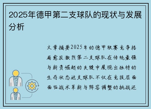 2025年德甲第二支球队的现状与发展分析